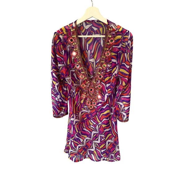 Boho Sheer Tunic Dress Multicolor Embellished V Neck Beaded Mirrors Festival M - Picture 1 of 7